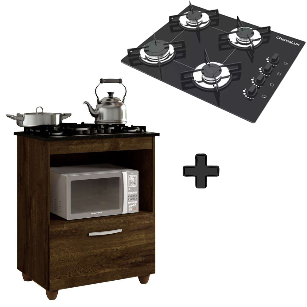 Kit Balcão Salvia Ipê Mais Fogão Cooktop Chef 4 Bocas Preto Chamalux
