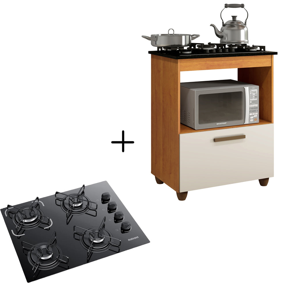 Kit Balcão Cooktop Itatiaia com 1 Porta Nature Off White e Fogão Cooktop 4 Bocas