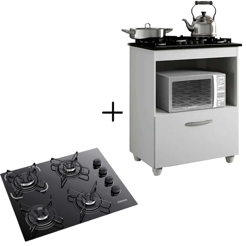 Kit Balcão Cooktop Itatiaia com 1 Porta Branco e Fogão Cooktop 4 Bocas