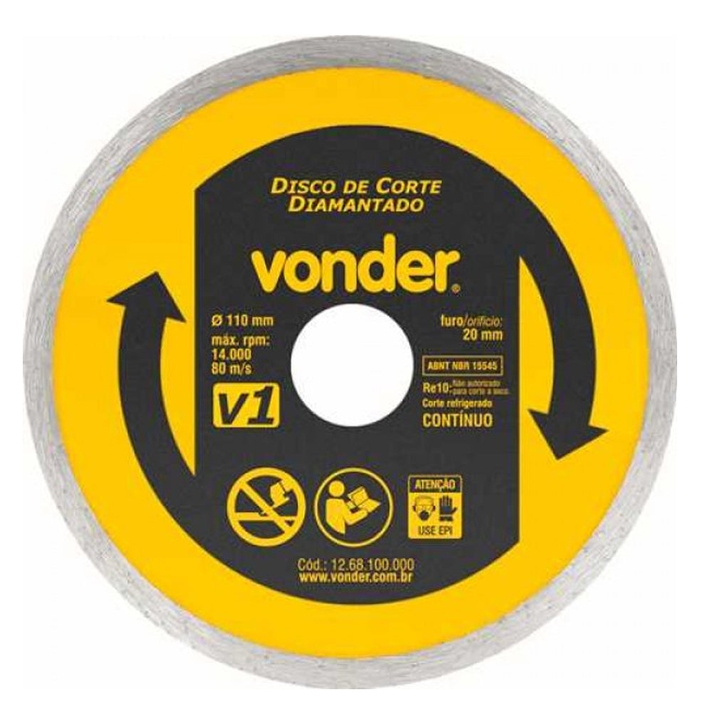 DISCO DE CORTE DIAMANTADO 110 MM FURO DE 20 MM ANEL CONTÍNUO V1 VONDER