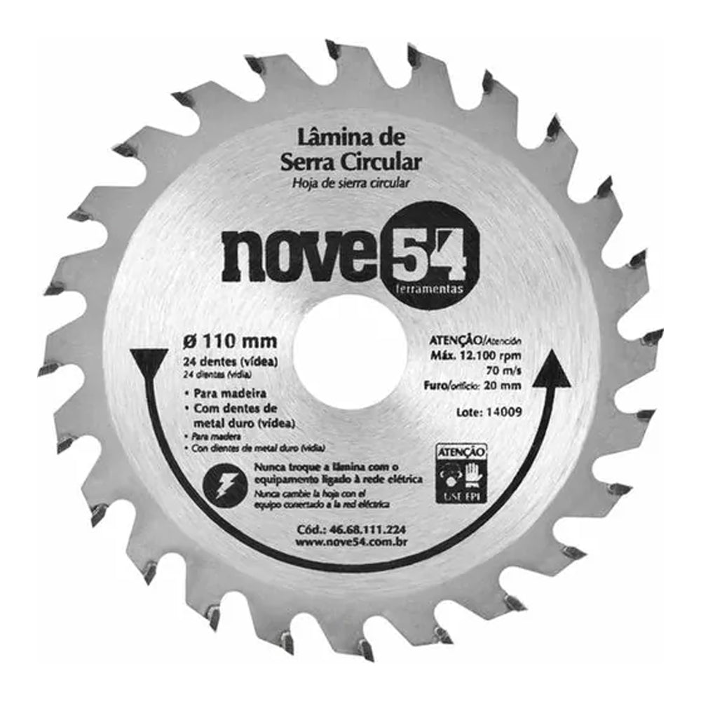 DISCO LÂMINA DE SERRA PARA MADEIRA CIRCULAR 110 X 20 MM 24 DENTES NOVE54