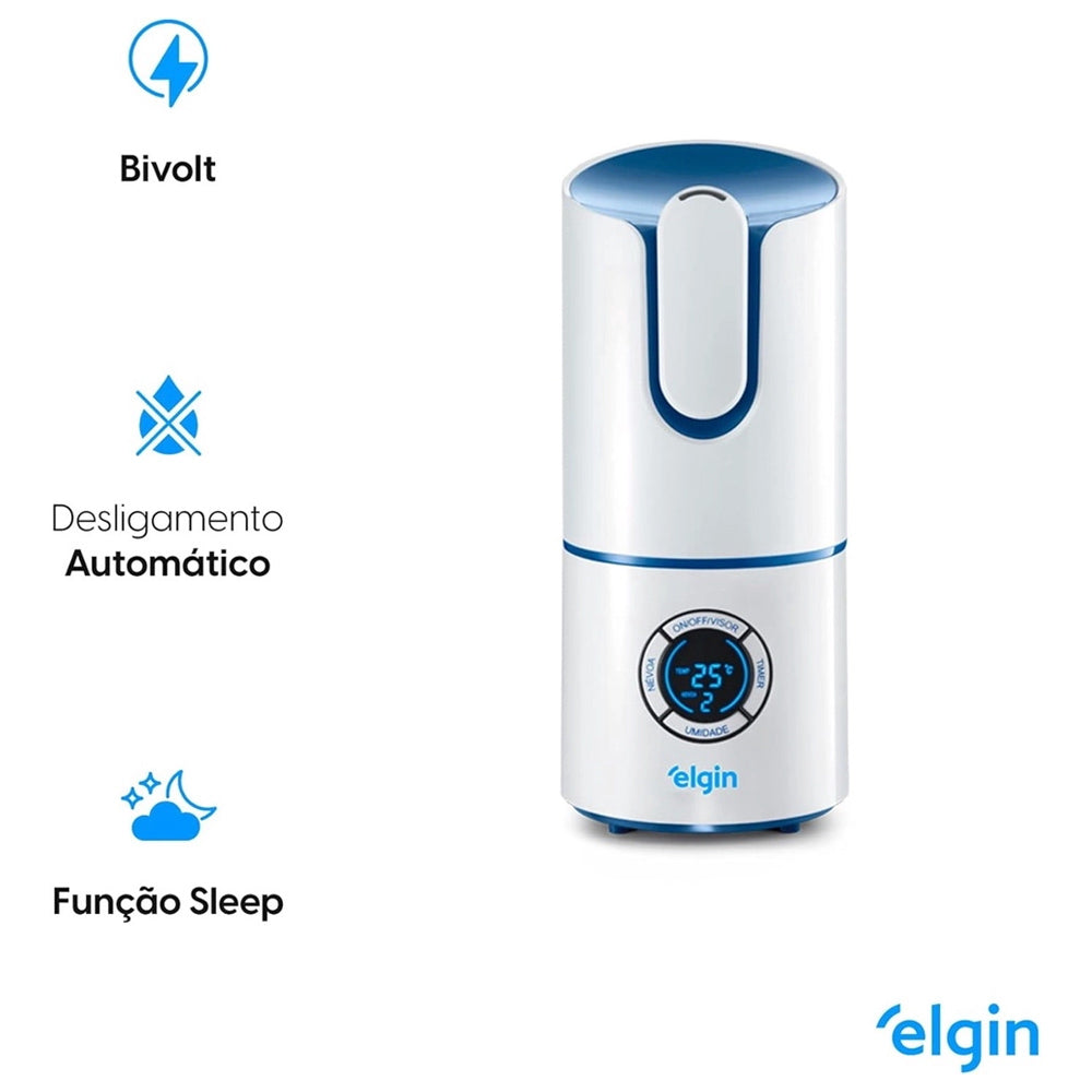 UMIDIFICADOR DE AR ULTRASSÔNICO DIGITAL INTELIGENTE COM MEDIDOR DE TEMPERATURA E UMIDADE DO AR 2,5 LITROS BIVOLT ELGIN