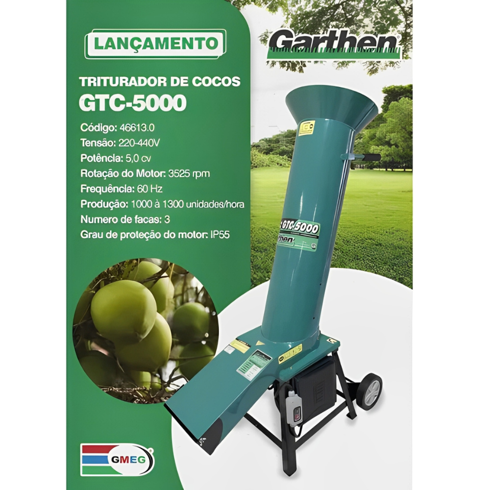 Triturador Elétrico Industrial Garthen De Coco e Resíduos Orgânicos Mono Gtc-5000 5,0cv 220/440v