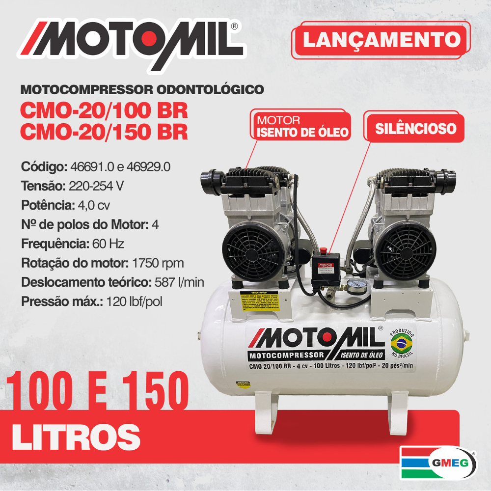 Compressor De Ar Odontológico 20 Pés 100l Silencioso sem óleo 4CV CMO-20/100BR