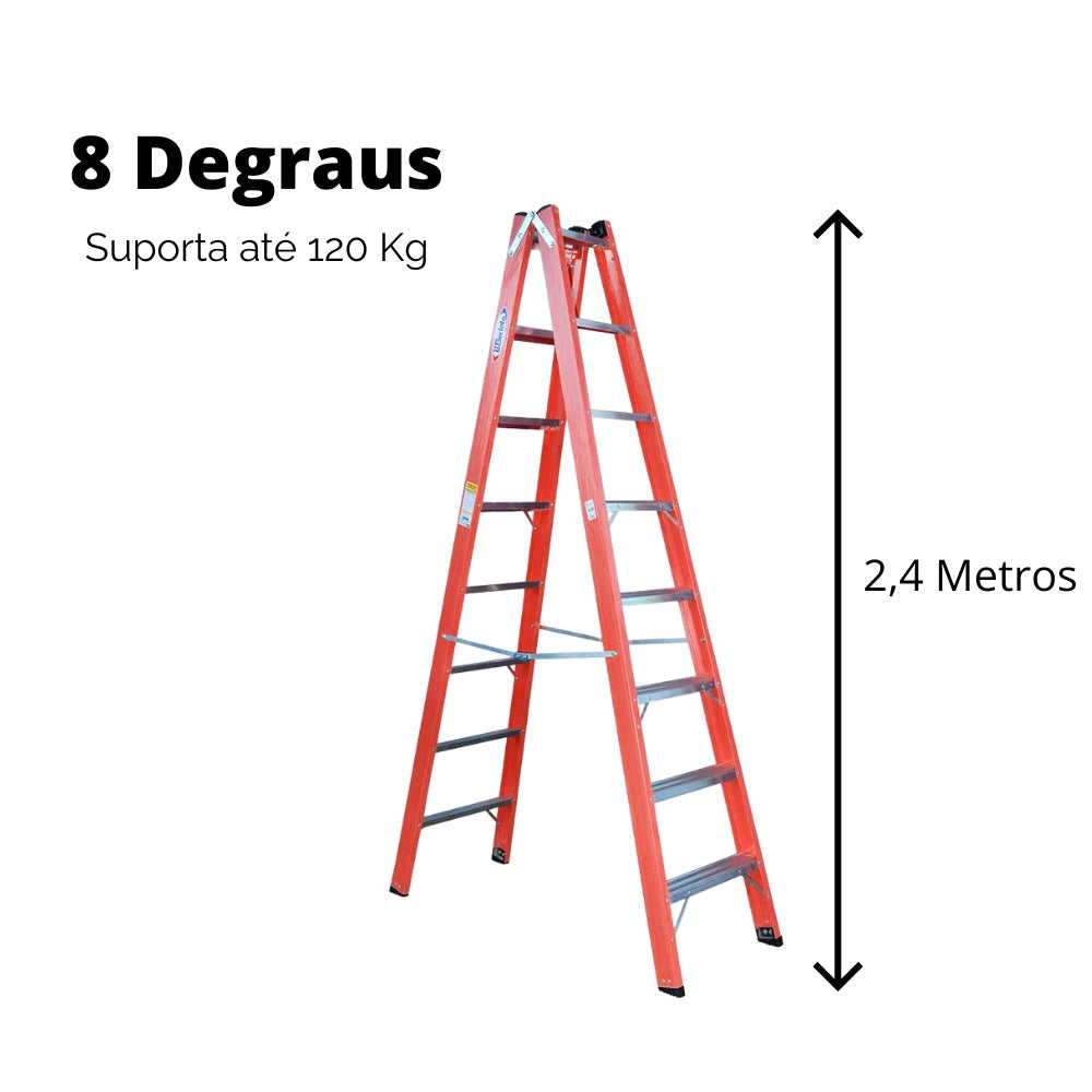 Escada Dupla de Aluminio e Fibra de Vidro Residencial 8 Degraus 2,4 Metros