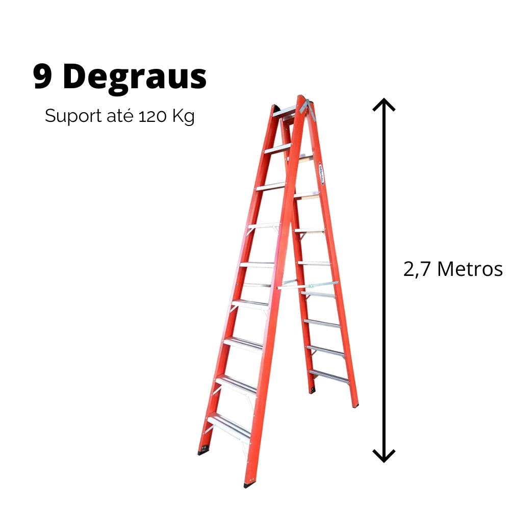 Escada Dupla de Aluminio e Fibra de Vidro Residencial 9 Degraus 2,7 Metros