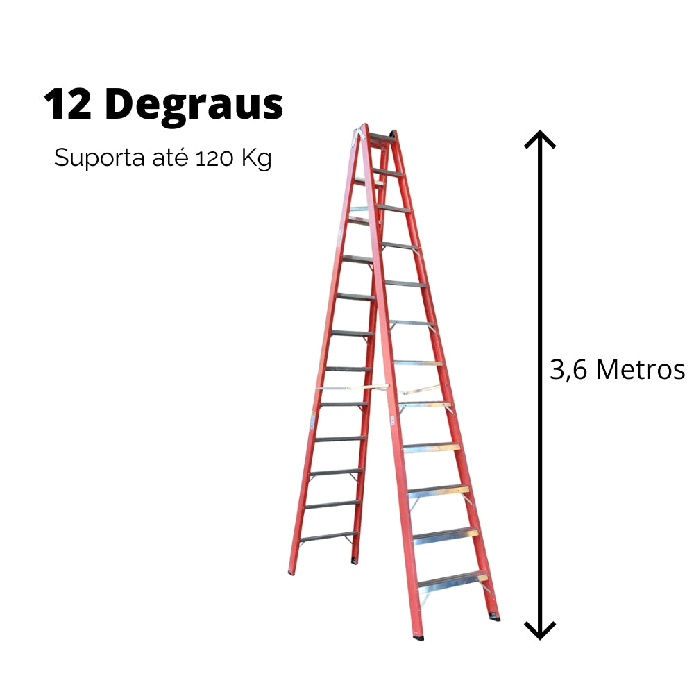 Escada Dupla de Aluminio e Fibra de Vidro Residencial 12 Degraus 3,6 Metros