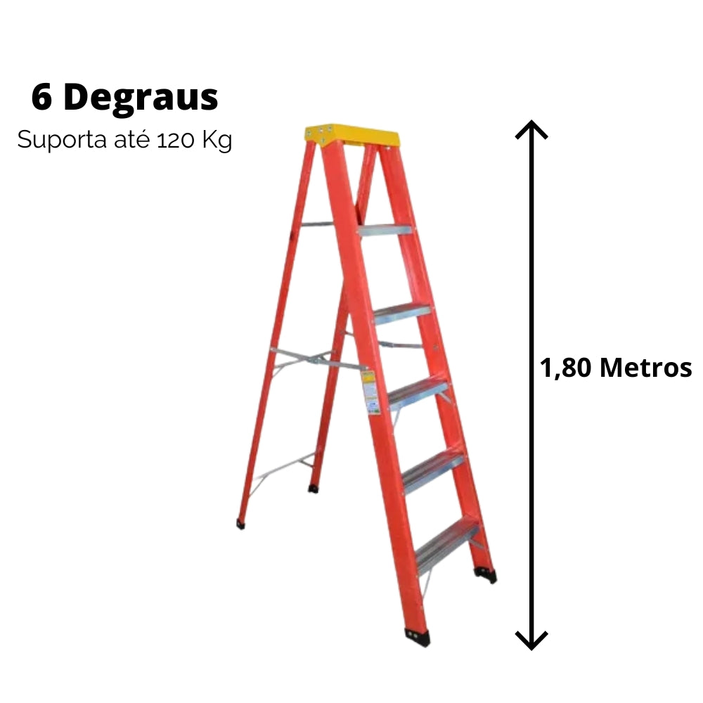 Escada de Aluminio e Fibra Simples Residencial 6 Degraus 1,8 Metros