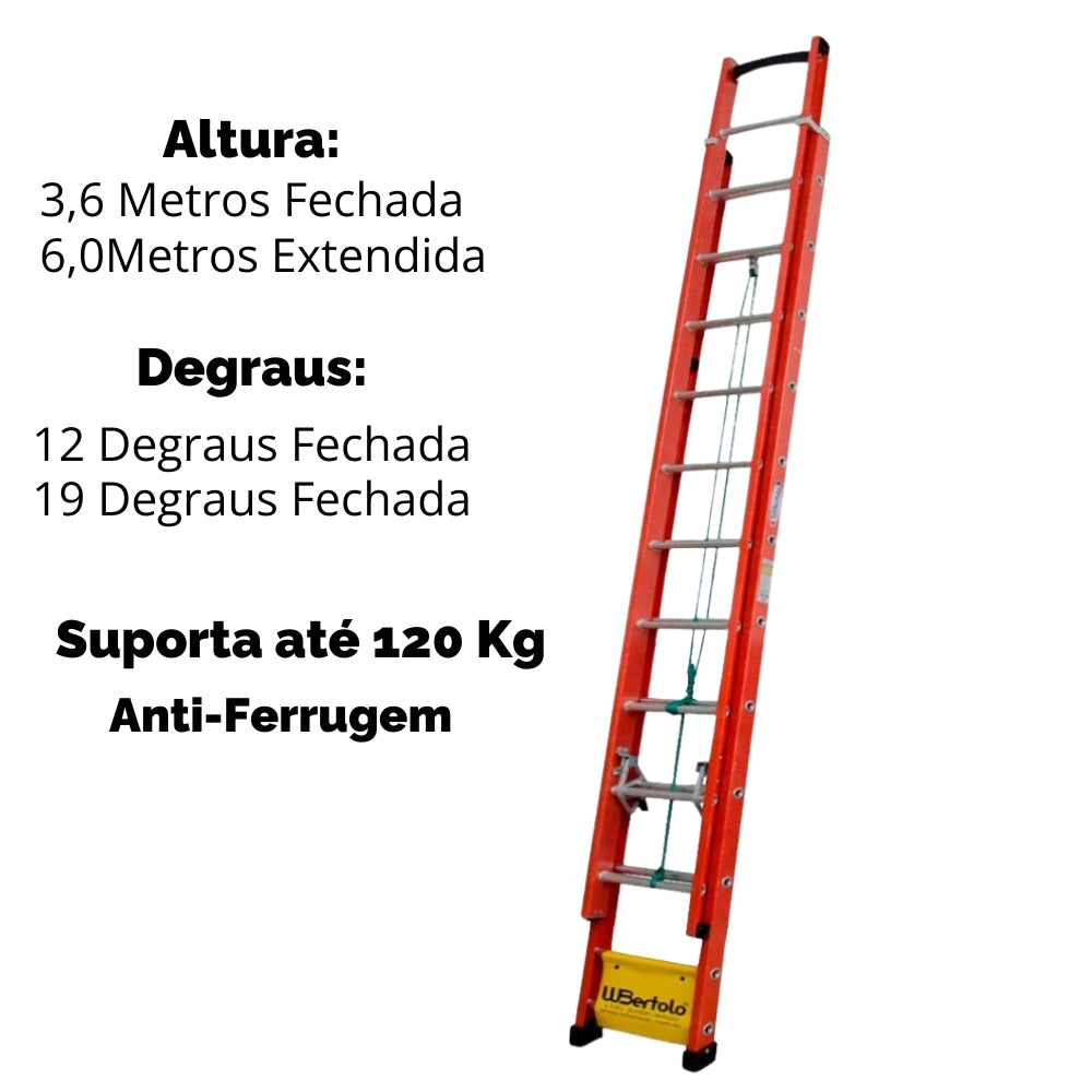 Escada Aluminio e Fibra de Vidro Extensível 6 Metros Profissional 19 Degraus com Catraca