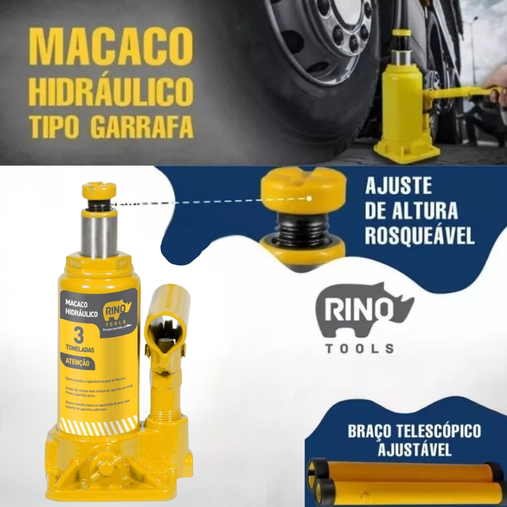 Macaco Hidraulico 3 Toneladas Tipo Garrafa Com Alavanca Rino Tools
