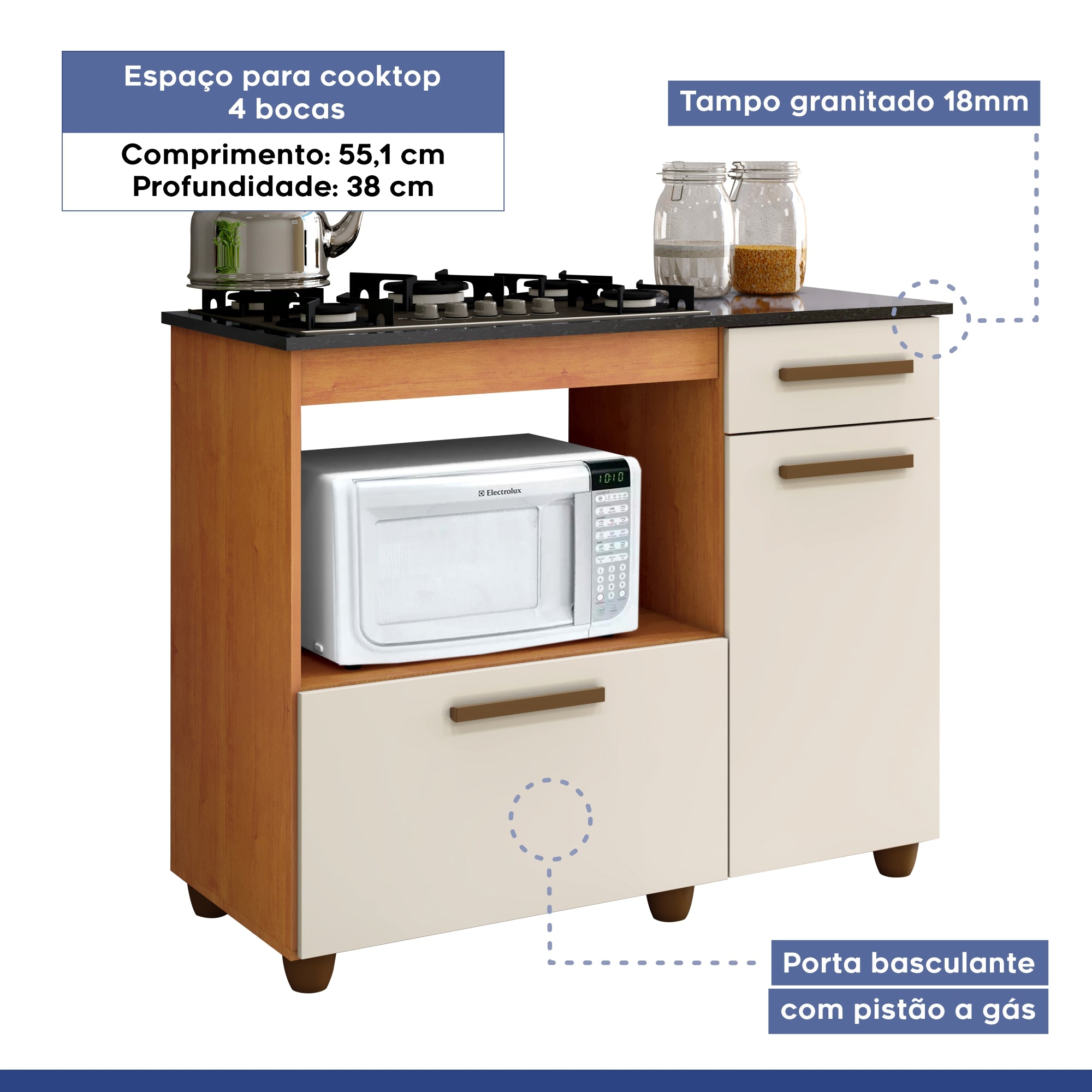 BALCÃO PARA COOKTOP 04 BOCAS 2 PORTAS 1 GAVETA VIOLETA KAIKI