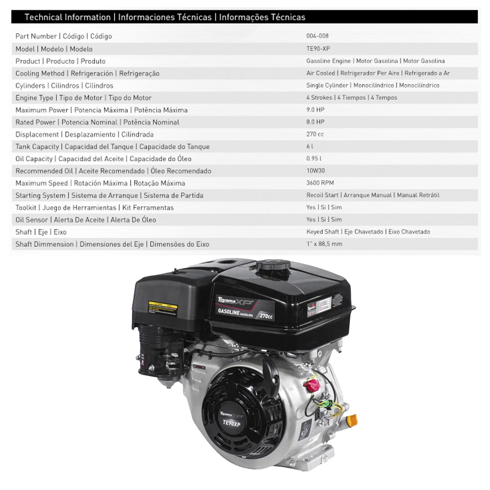 Motor a Gasolina Toyama TE-90XP 4 Tempos 9HP 270CC Multiuso Partida Manual e Sensor de Óleo