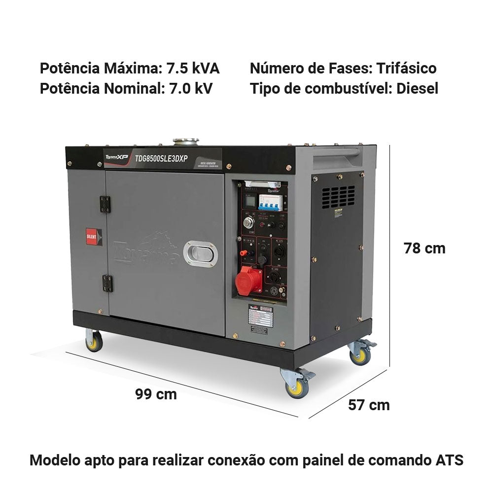 Gerador Cabinado Diesel 13hp Trifasico 220v 7,5kva Apto para Painel Ats Tdg8500sle3dxp Toyama