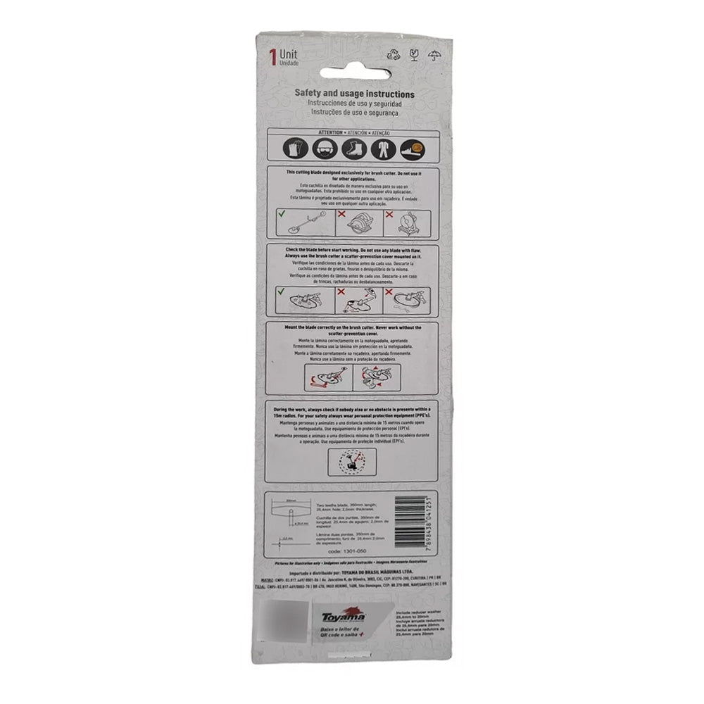Lâmina para Roçadeira com 2 Pontas em Aço com Adaptador de Furo 350×25,4×2,0mm Universal Toyama Orig