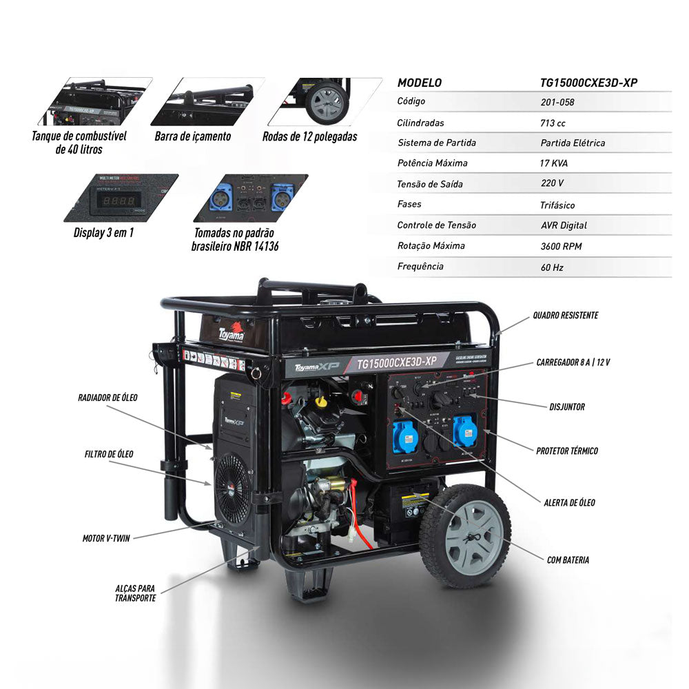 GERADOR DE ENERGIA GASOLINA 17KVA TRIFÁSICO 220V TOYAMA TG15000CXE3D-XP PARTIDA ELÉTRICA