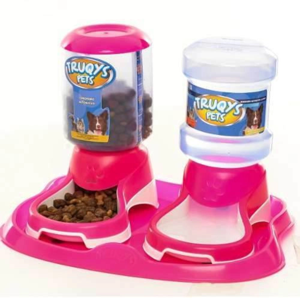 Kit Comedouro e Bebedouro Automático Truqys Pet Bandeja Rosa