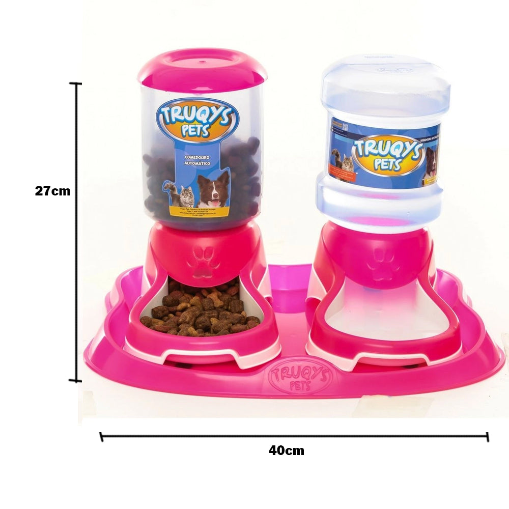 Kit Comedouro e Bebedouro Automático Truqys Pet Bandeja Rosa
