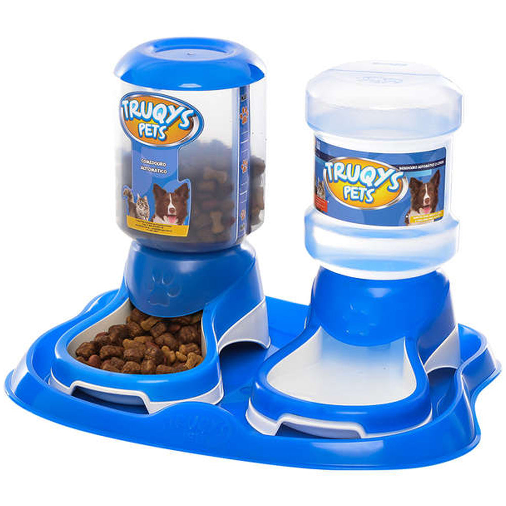Kit Comedouro e Bebedouro Automático Truqys Pet Bandeja Azul
