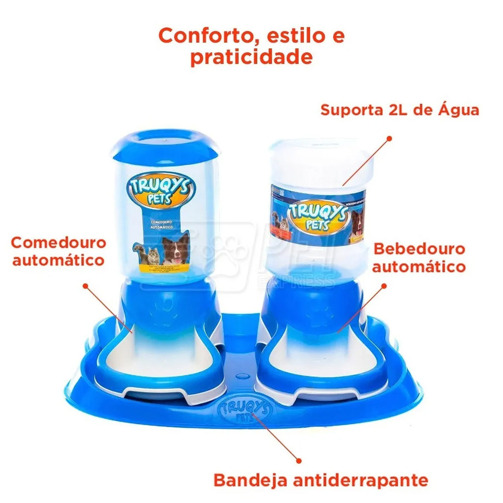 Kit Comedouro e Bebedouro Automático Truqys Pet Bandeja Azul