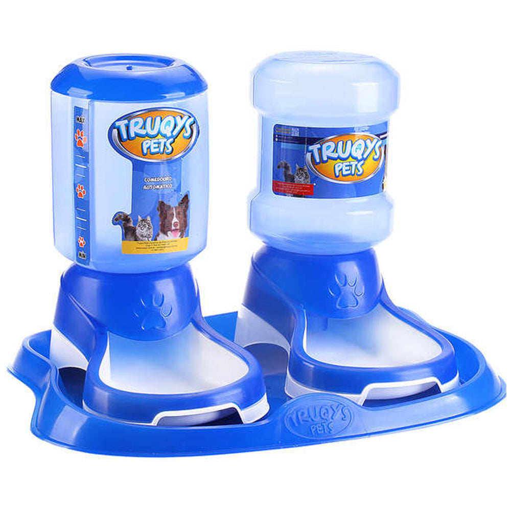 Kit Comedouro e Bebedouro Automático Truqys Pet Bandeja Azul