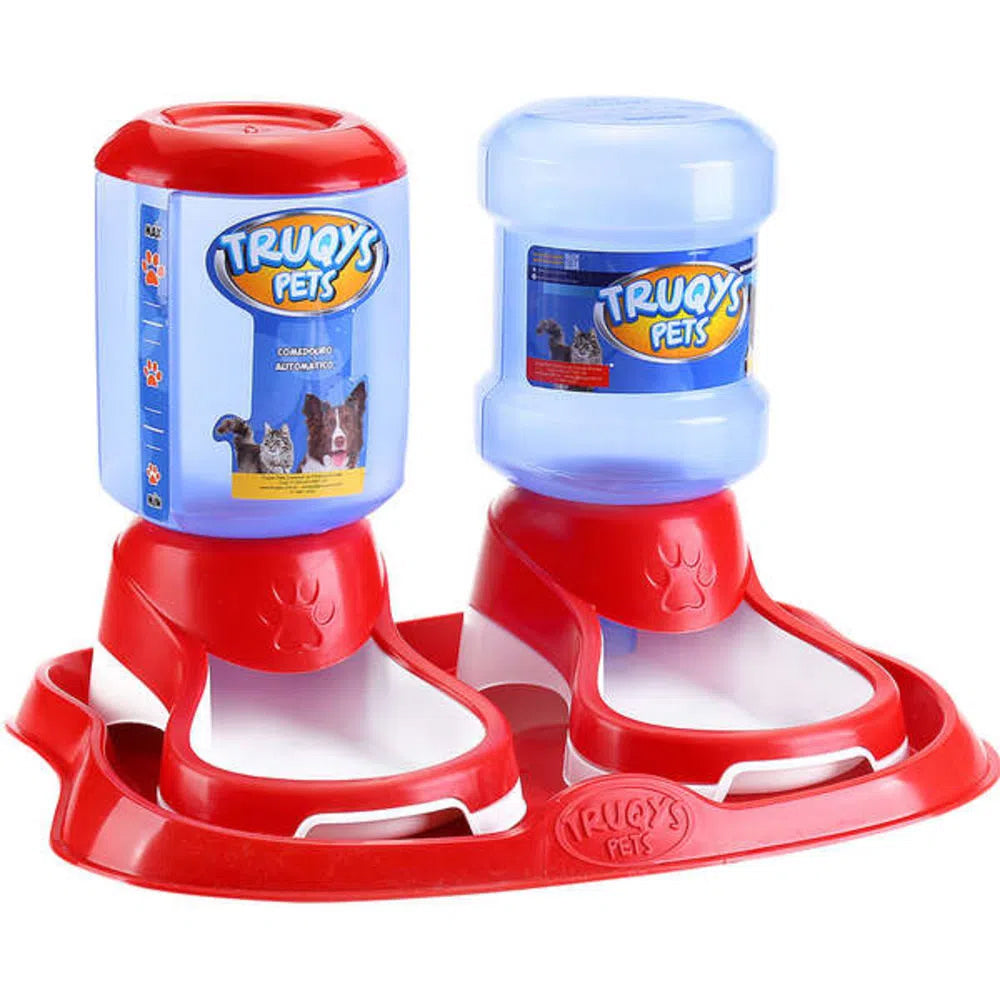 Kit Comedouro e Bebedouro Automático Truqys Pet Bandeja Vermelho