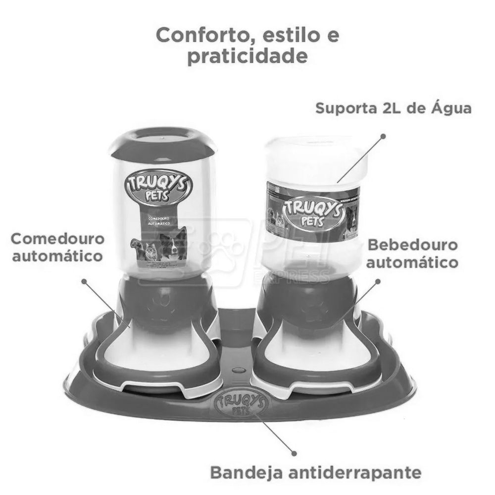 Kit Comedouro e Bebedouro Automático Truqys Pet Bandeja Vermelho