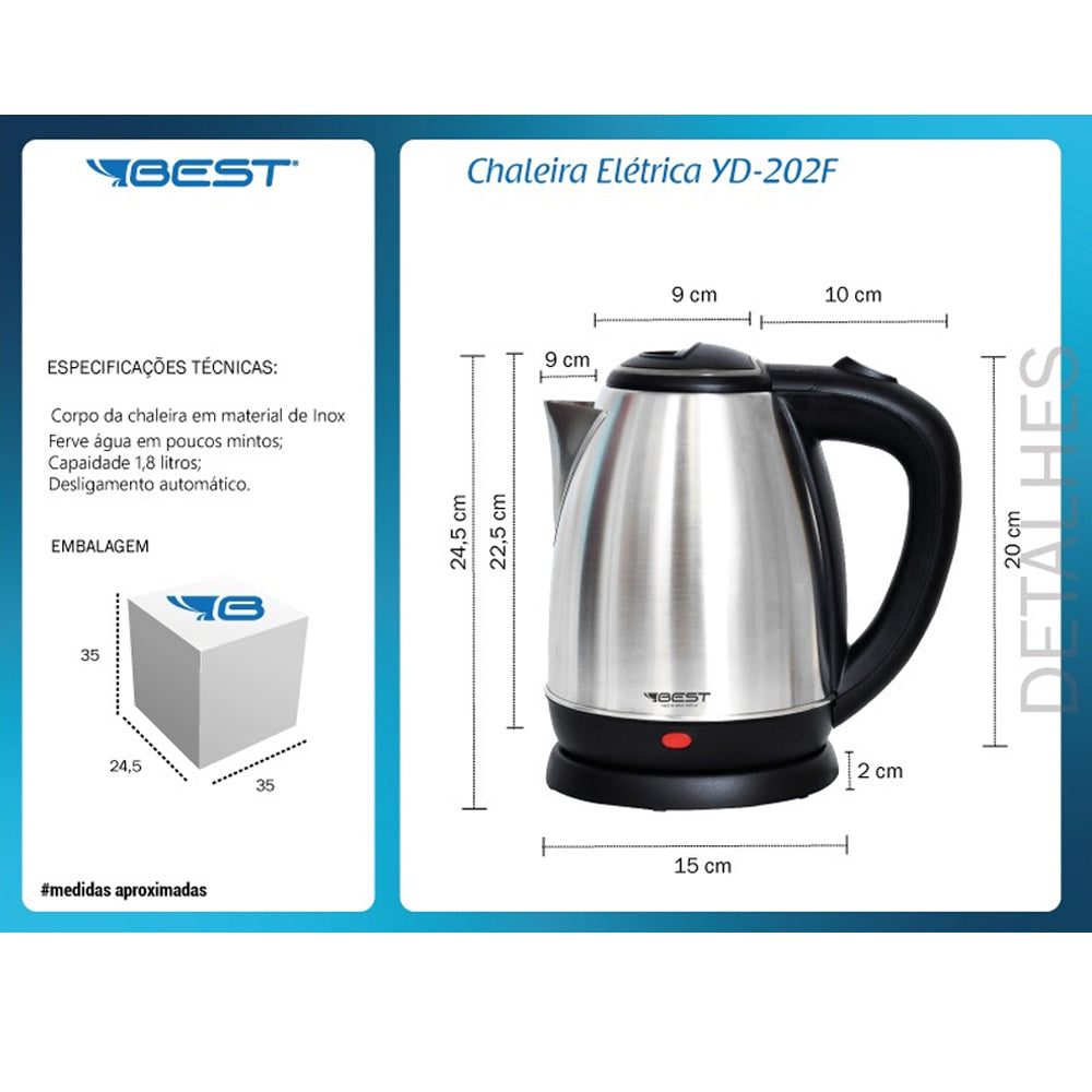 CHALEIRA ELÉTRICA INOX YD-202F 1,8 LITROS BEST