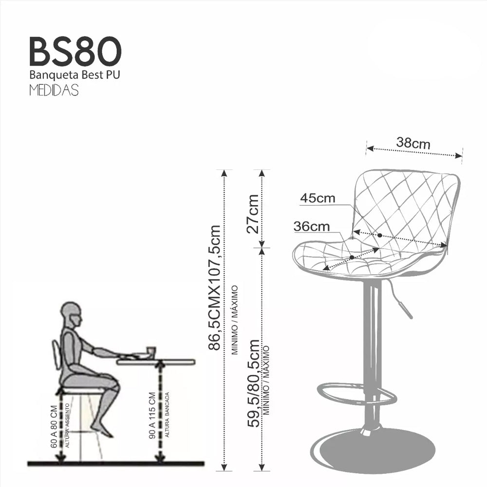 Kit 2 Banquetas Alta para Cozinha Base Preta Giratória Luxo Estofada Pu Bs80 Branca Best