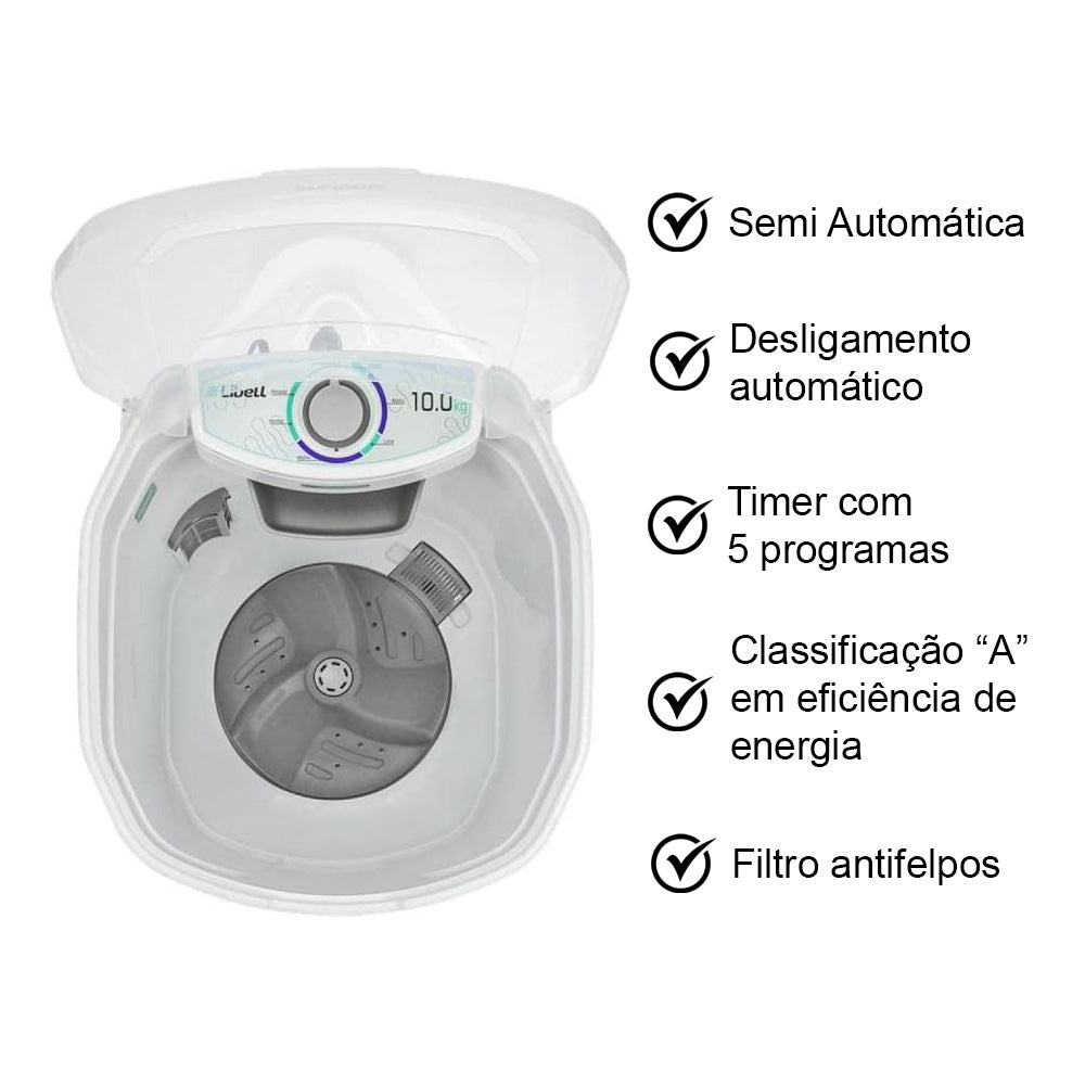 Tanquinho Lavadora 450w Semi Automático 10kg com 5 Programas 110v Libell Branco