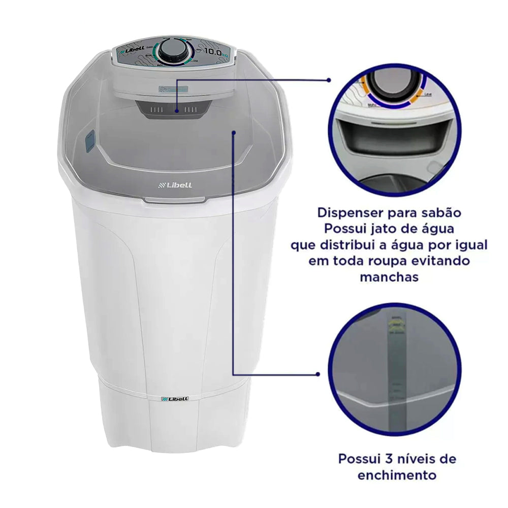 Tanquinho Lavadora 450W Semi Automático 10Kg Com 5 Programas 220V Libell Branco