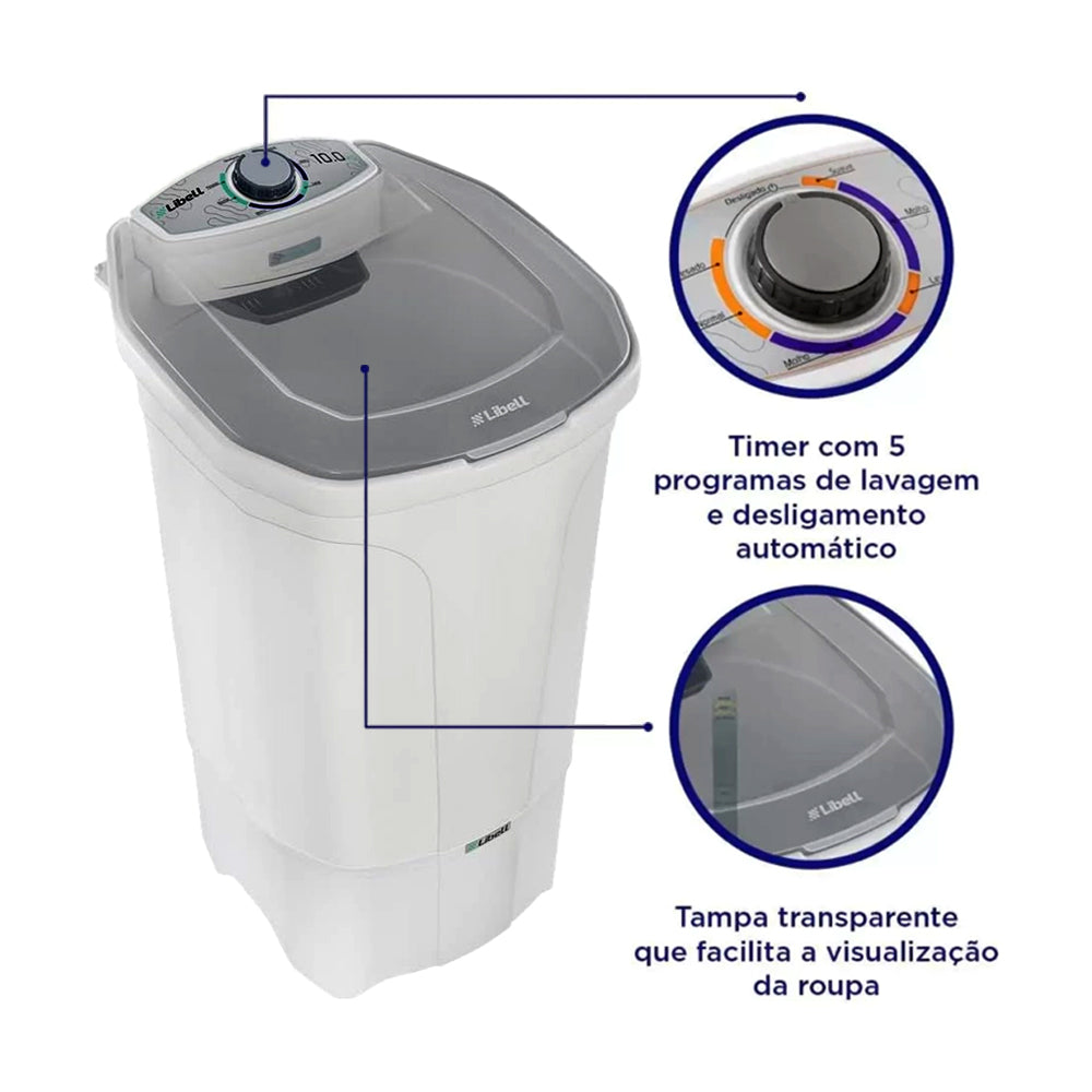 Tanquinho Lavadora 450W Semi Automático 10Kg Com 5 Programas 220V Libell Branco