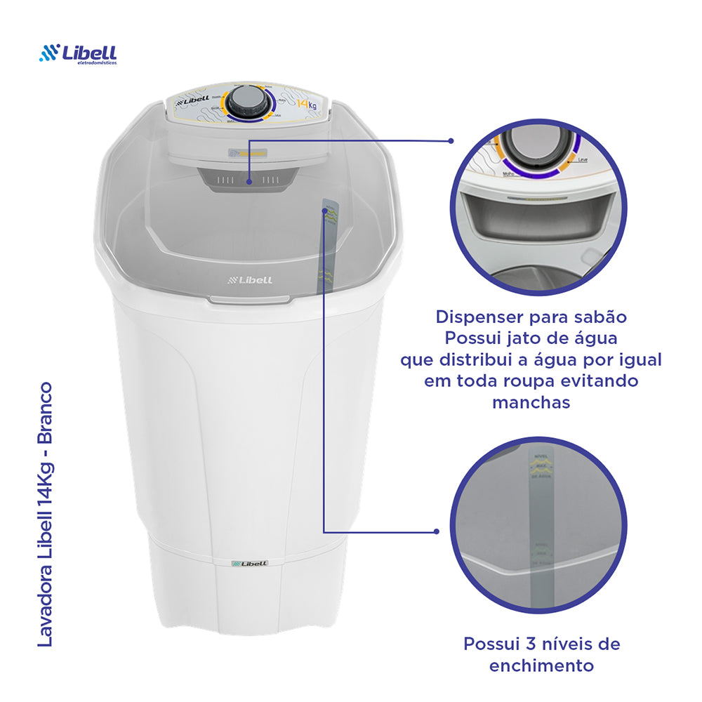 TANQUINHO LAVADORA 450W SEMI AUTOMÁTICO 14KG COM 5 PROGRAMAS 220V LIBELL BRANCO