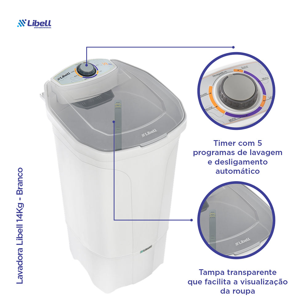 TANQUINHO LAVADORA 450W SEMI AUTOMÁTICO 14KG COM 5 PROGRAMAS 220V LIBELL BRANCO