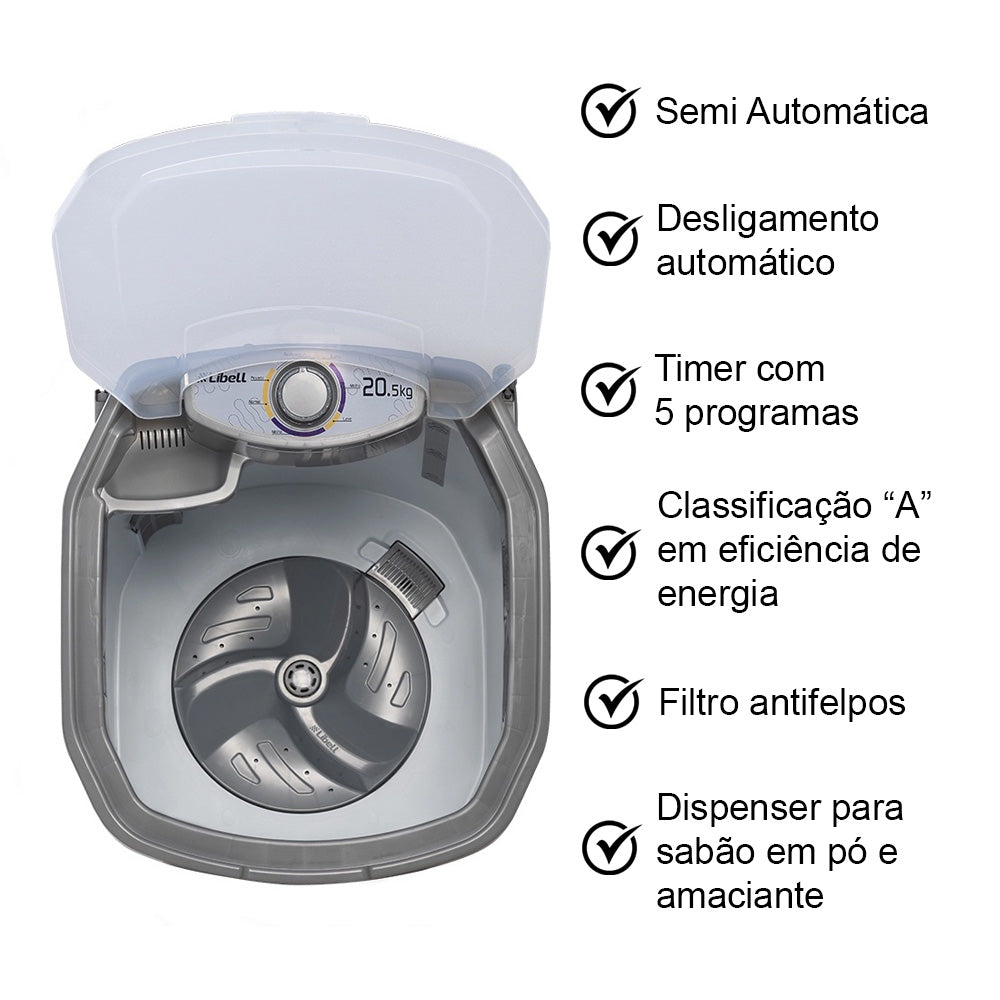 TANQUINHO LAVADORA 450W SEMI AUTOMÁTICO 20,5KG COM 5 PROGRAMAS 220V LIBELL BRANCO