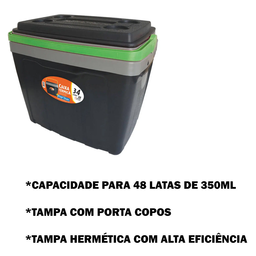 CAIXA TÉRMICA COOLER 34 LITROS TAMPA COM PORTA COPO CAMPING PESCA