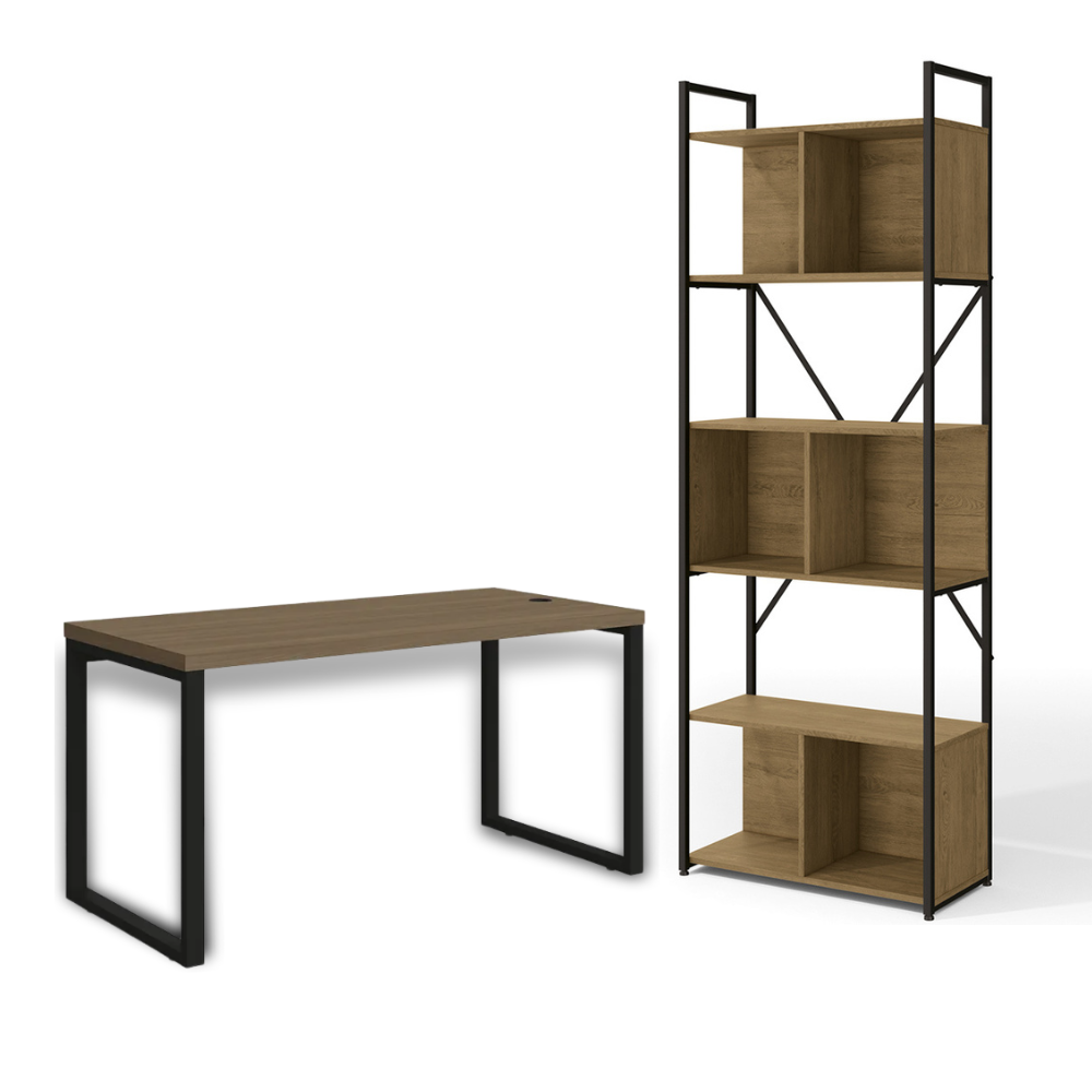 Kit Estante Para Livros Madeira Industrial 6 Nichos Multiuso e Mesa de Escritório Industrial 1,20M Kappesberg