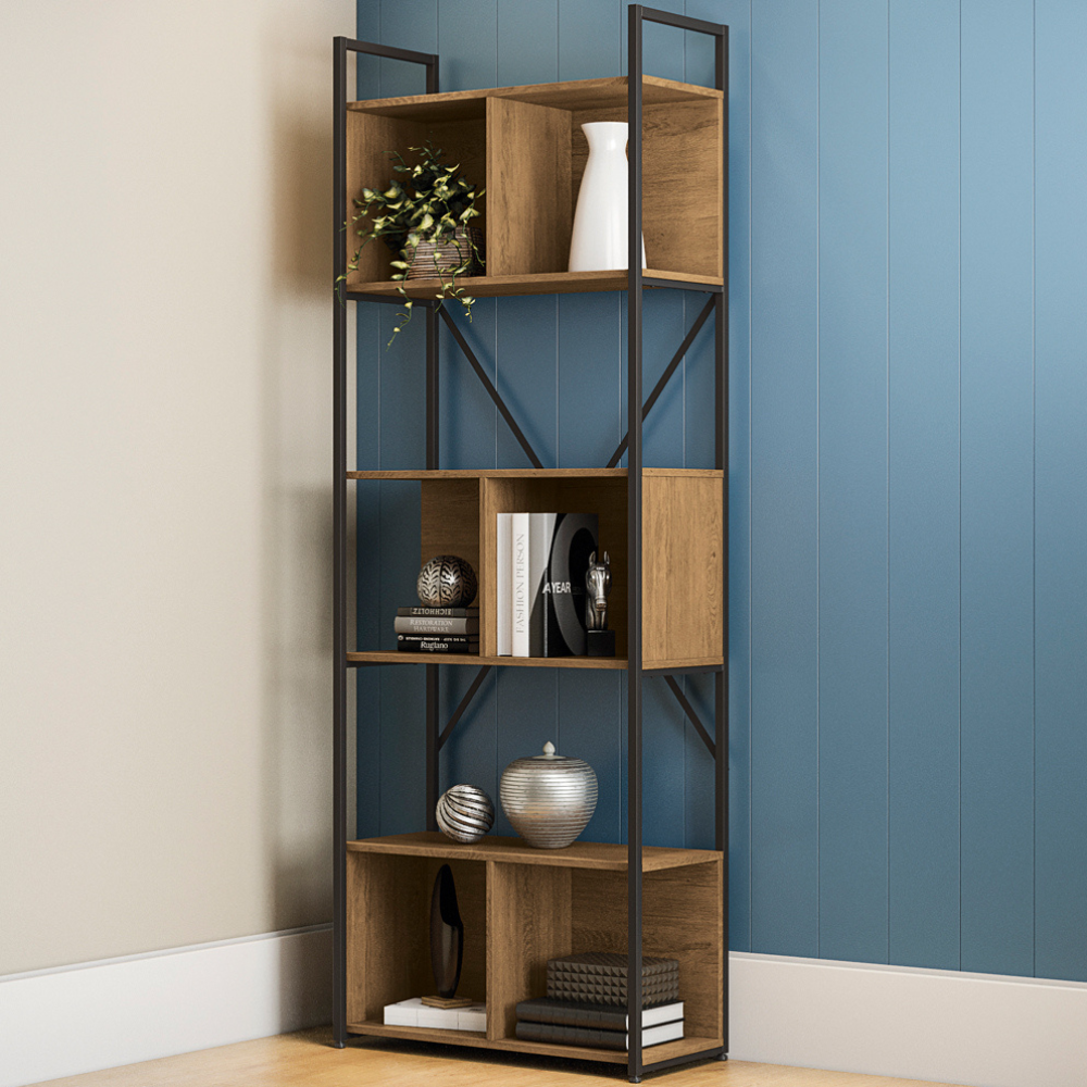 Kit Estante Para Livros Madeira Industrial 6 Nichos Multiuso e Mesa de Escritório Industrial 1,20M Kappesberg
