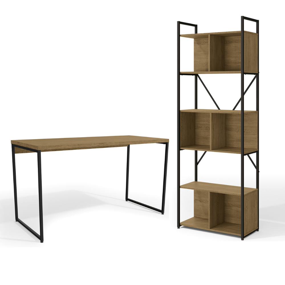 Kit Escritório Industrial: Estante 2m de 6 Nichos e Mesa Secretária 1,18m Linha Freijo/Preto Fosco Kappesberg