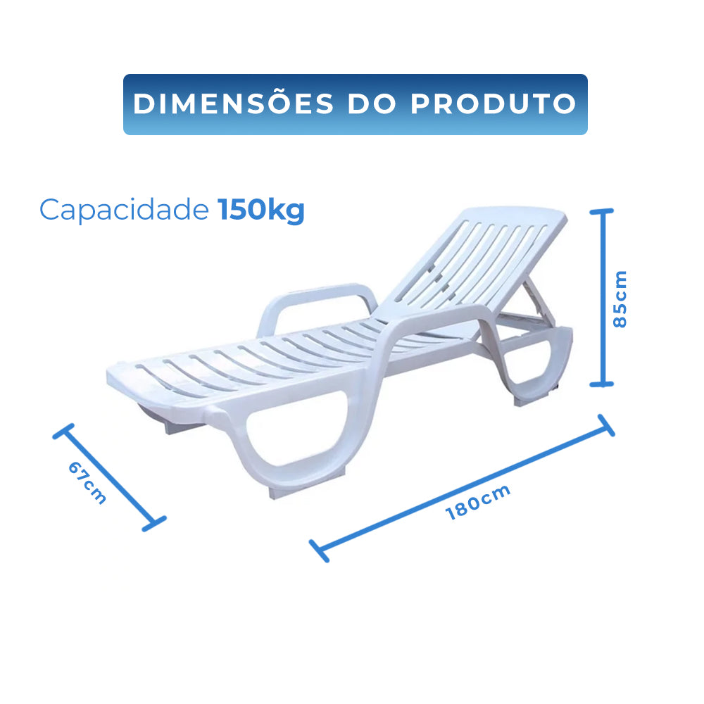 Kit 02 Espreguiçadeira Piscina de Plástico Pitangui Branca com Rodas
