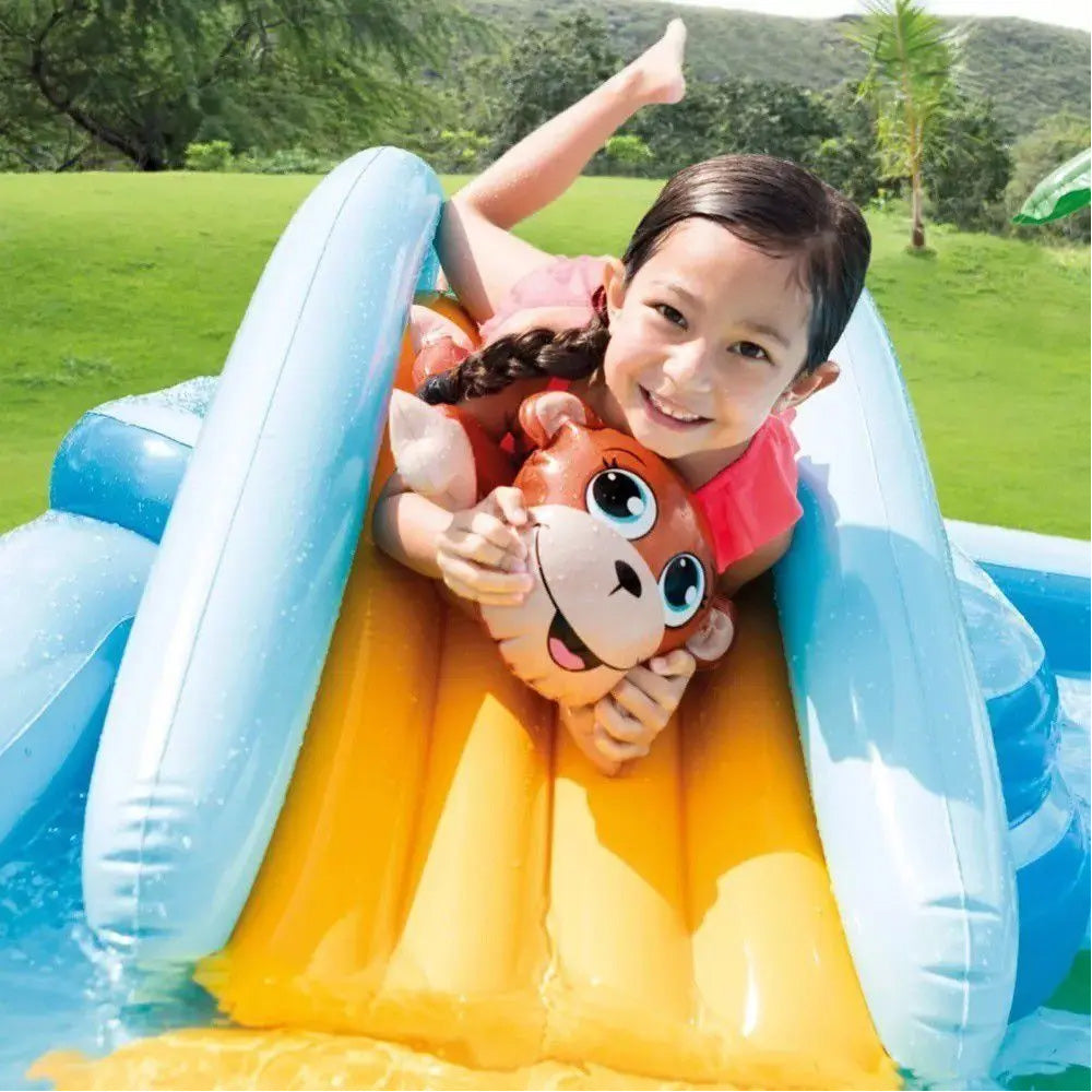 Piscina Infantil Inflável Playground Aventura na Floresta 493 Litros Com Bomba de Ar Manual 3 Bicos Intex