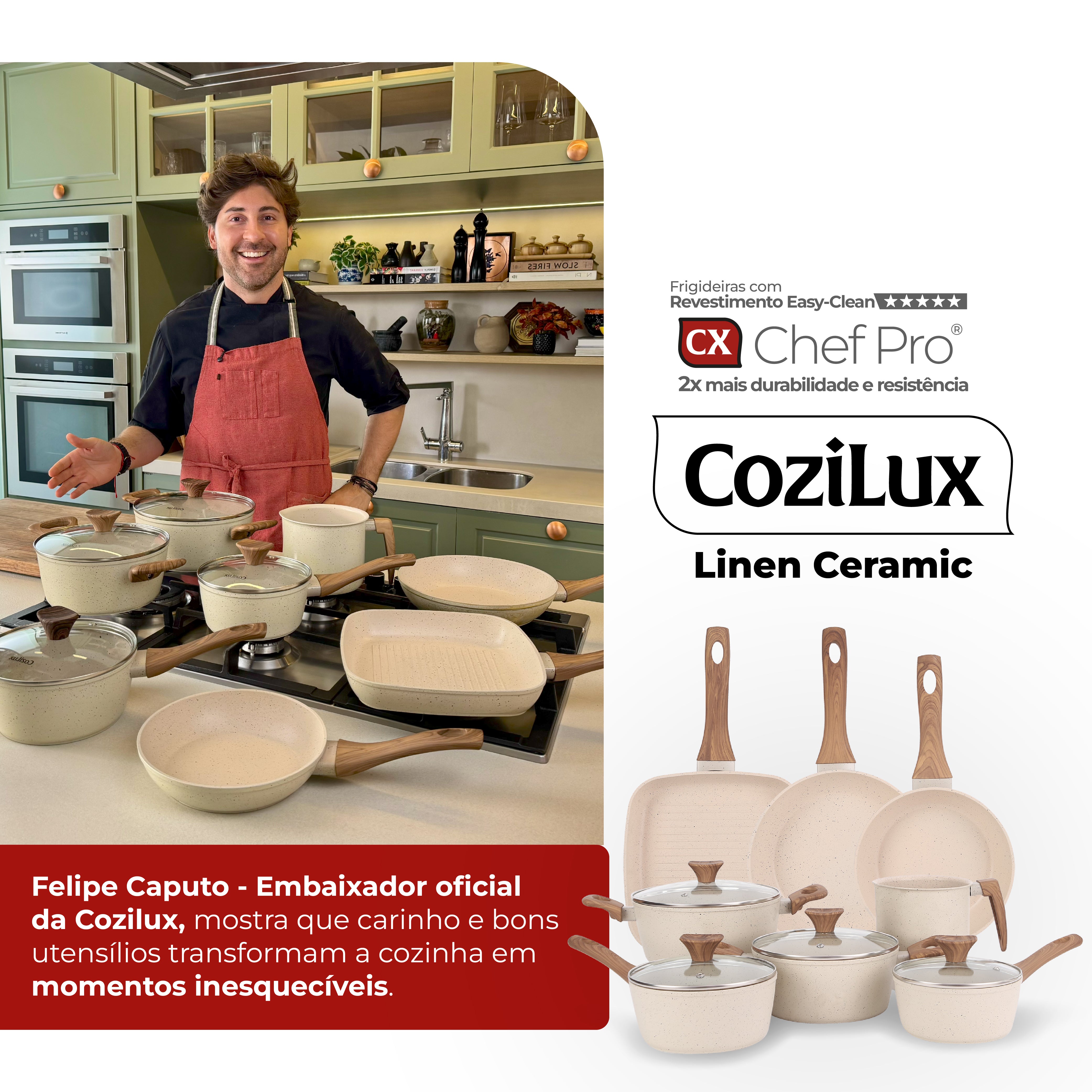 Jogo de Panelas Revestimento Cerâmico Antiaderente 8 Peças Indução Cozilux Linen Ceramic