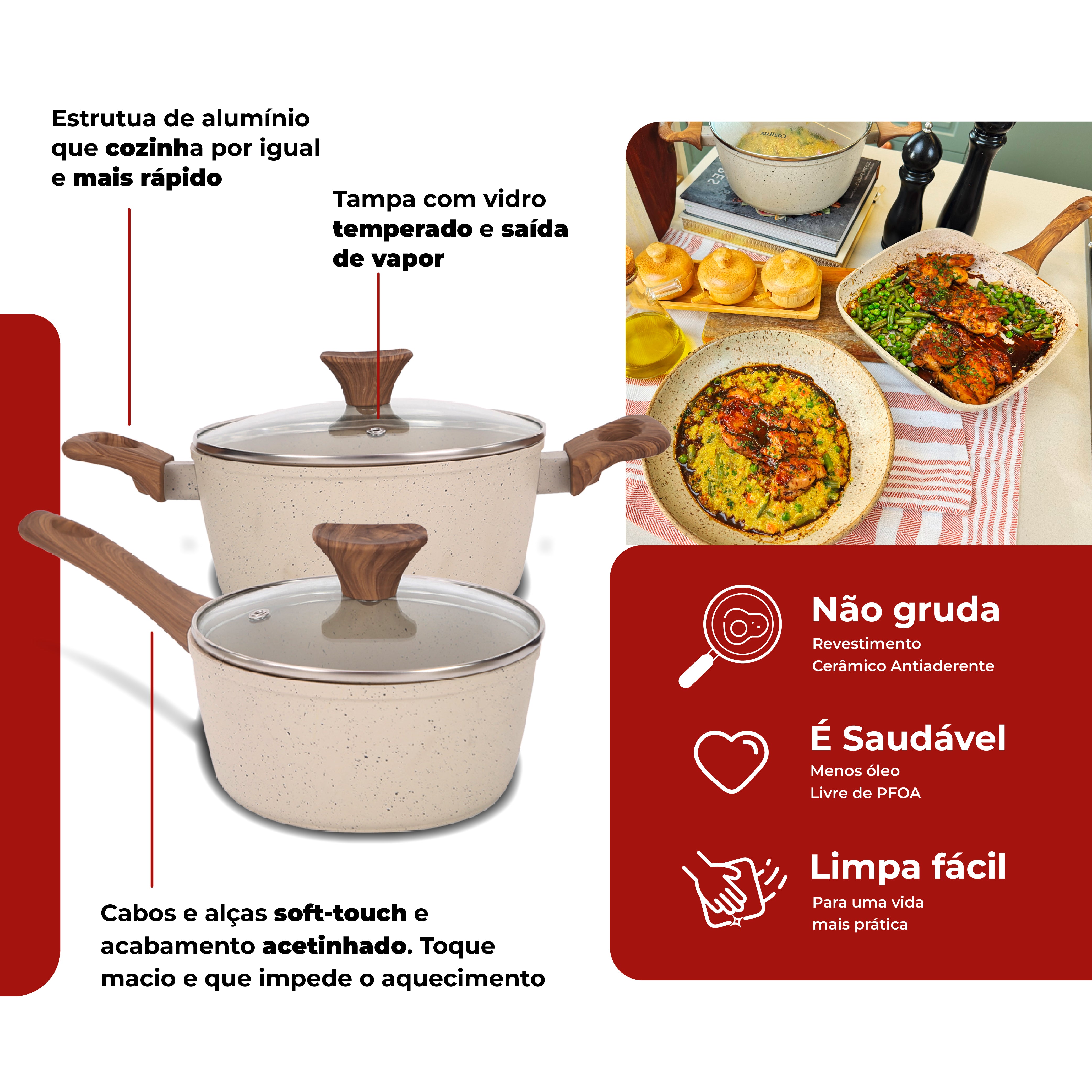 Jogo de Panelas Revestimento Cerâmico Antiaderente 8 Peças Indução Cozilux Linen Ceramic