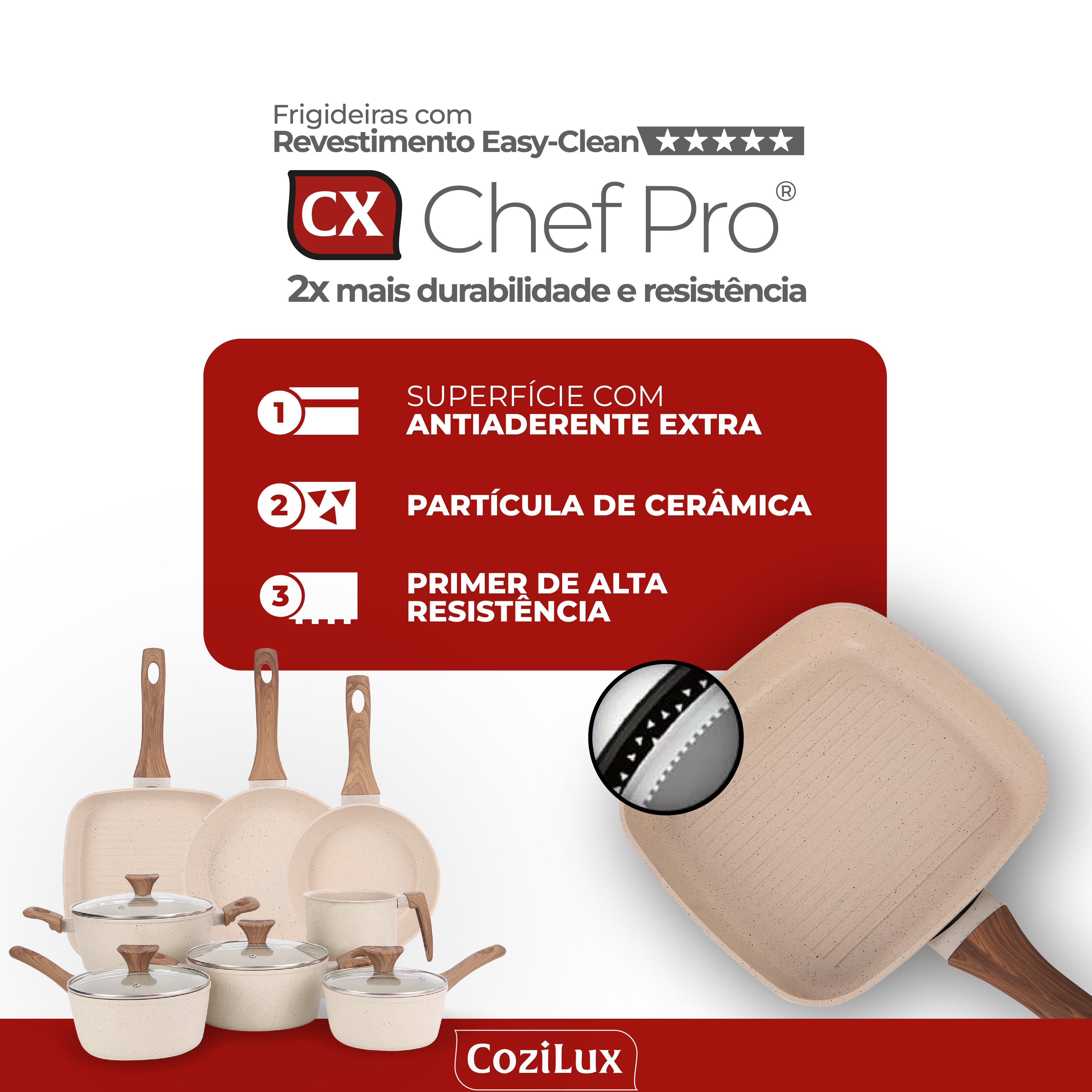 Jogo de Panelas Revestimento Cerâmico Antiaderente 8 Peças Indução Cozilux Linen Ceramic