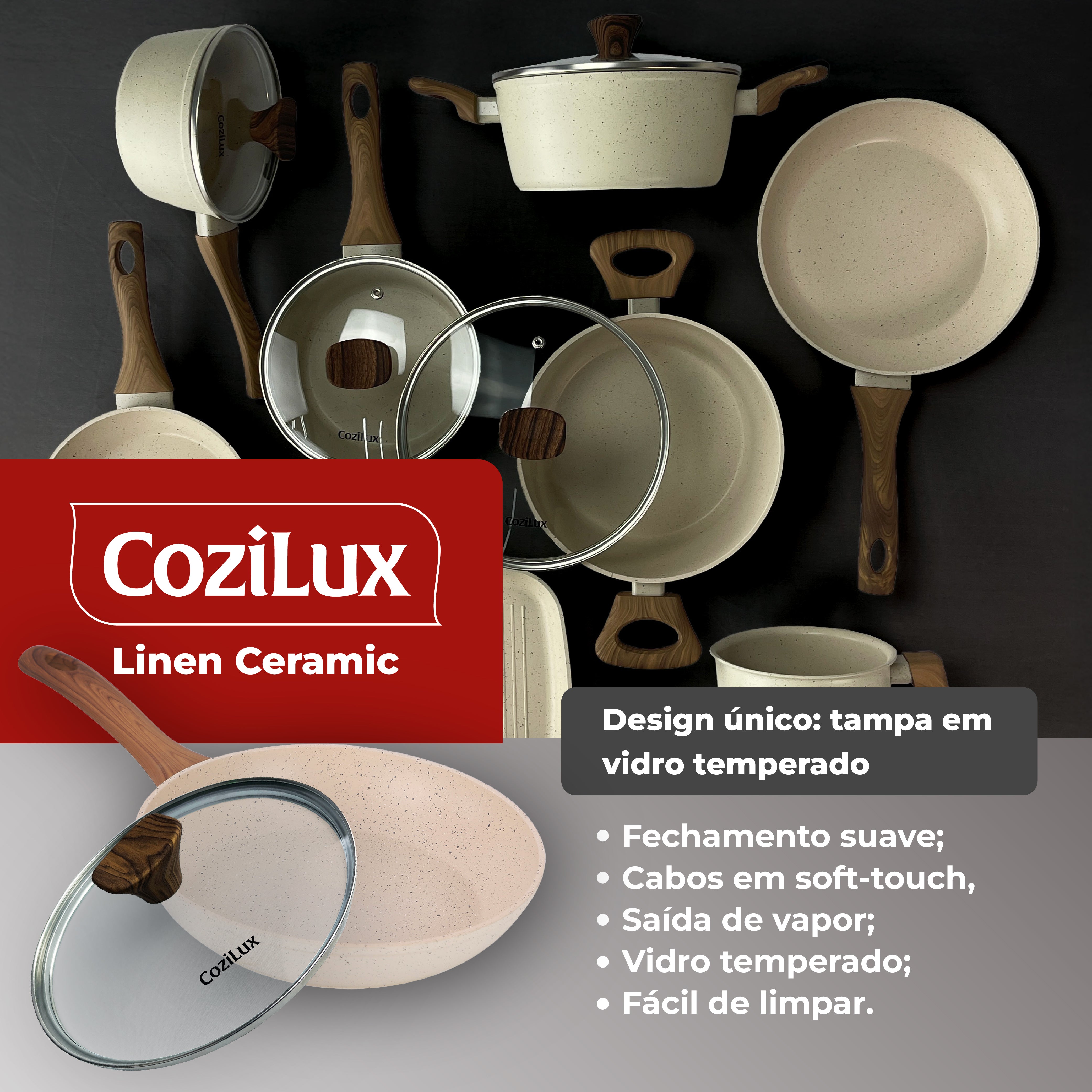 Jogo de Panelas Revestimento Cerâmico Antiaderente 8 Peças Indução Cozilux Linen Ceramic