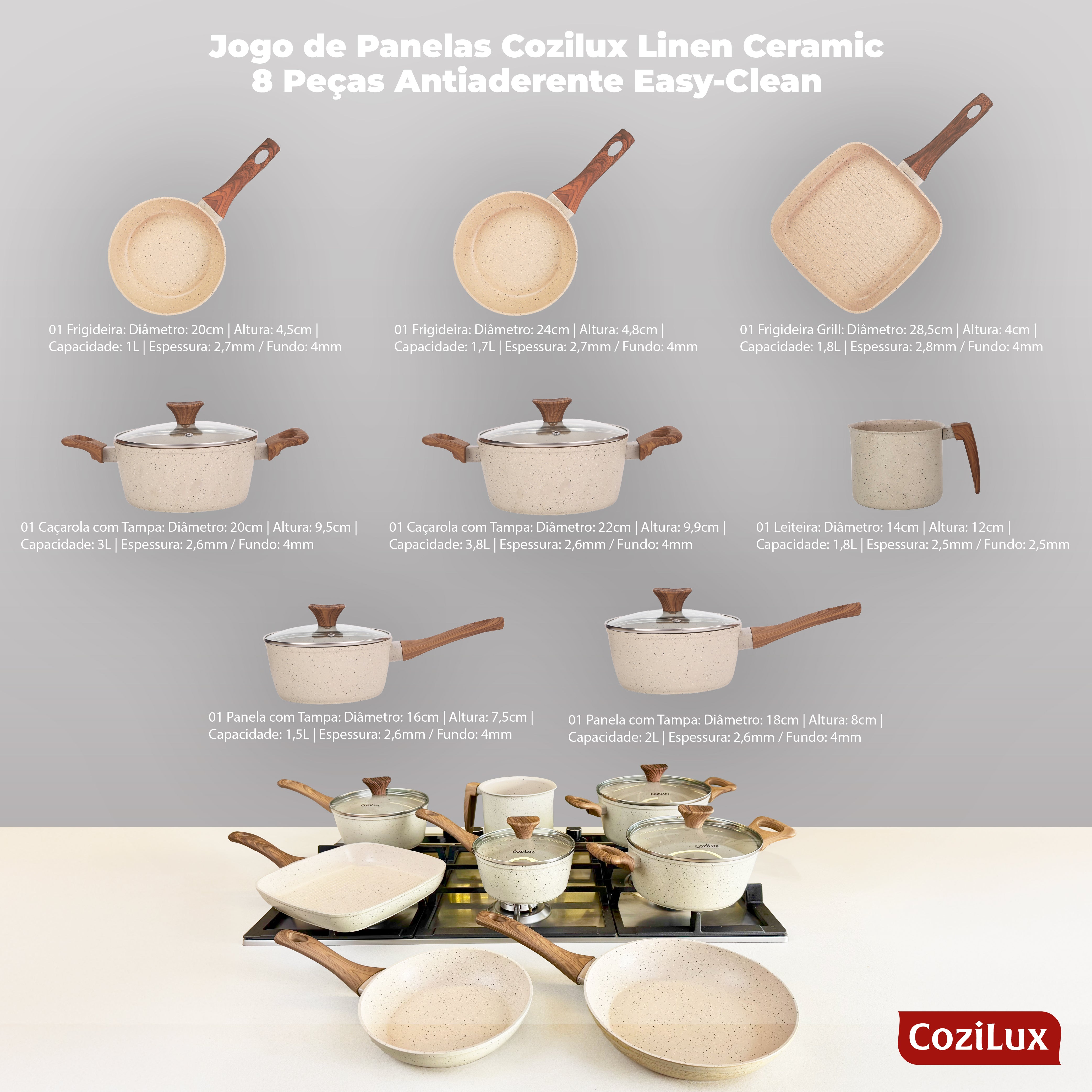 Jogo de Panelas Revestimento Cerâmico Antiaderente 8 Peças Indução Cozilux Linen Ceramic