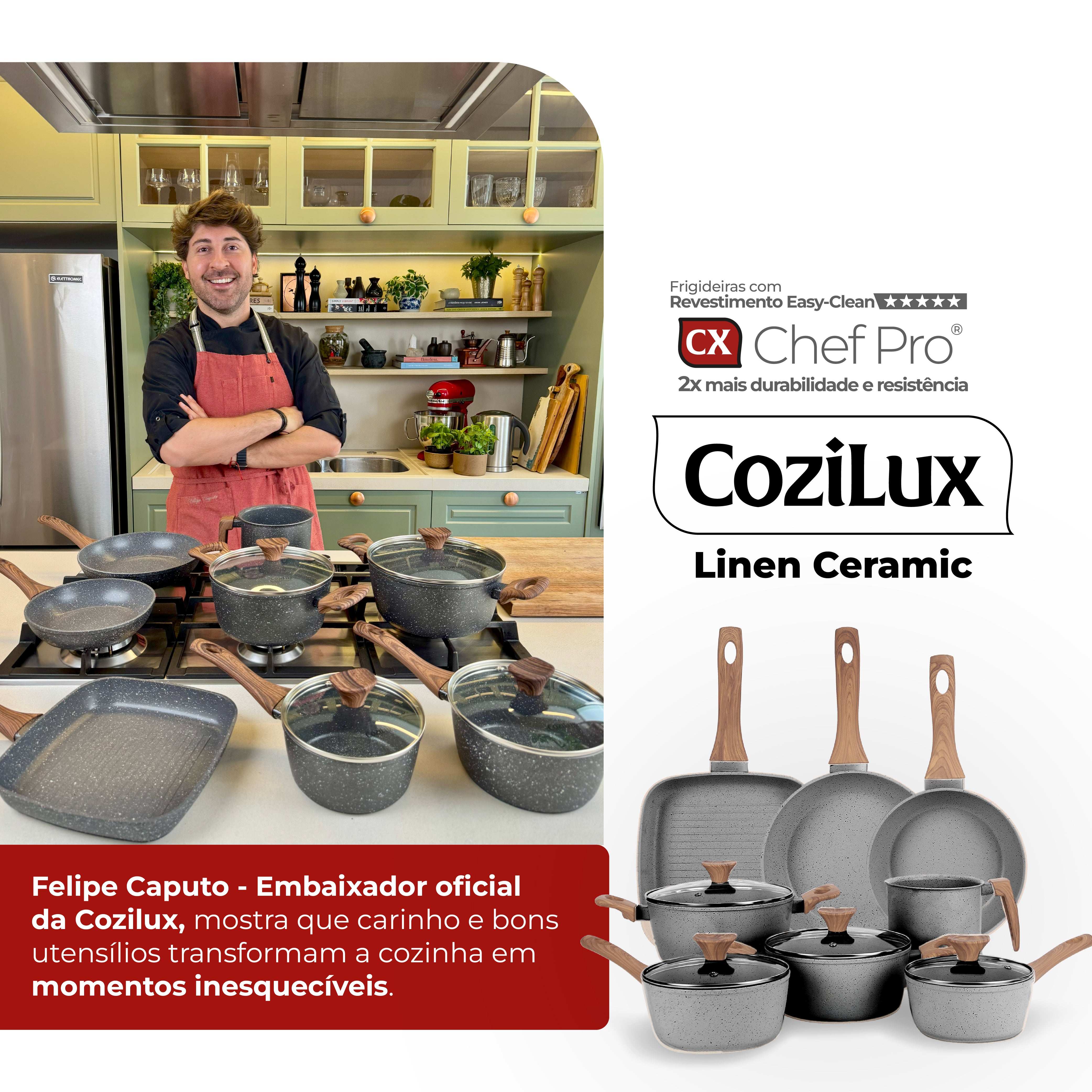 Jogo de Panelas Revestimento Cerâmico Antiaderente 8 Peças Indução Cozilux Linen Ceramic