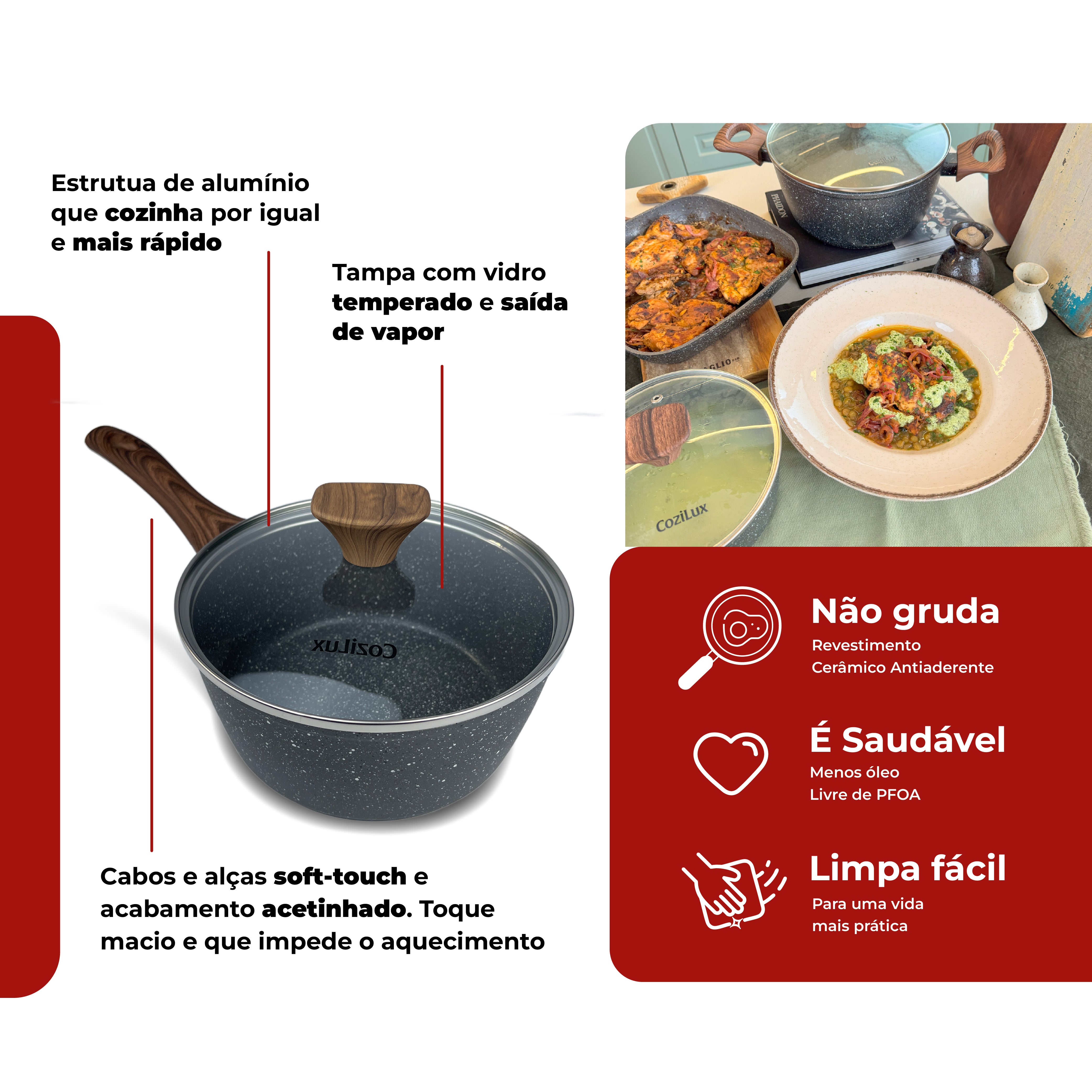 Jogo de Panelas Revestimento Cerâmico Antiaderente 8 Peças Indução Cozilux Linen Ceramic