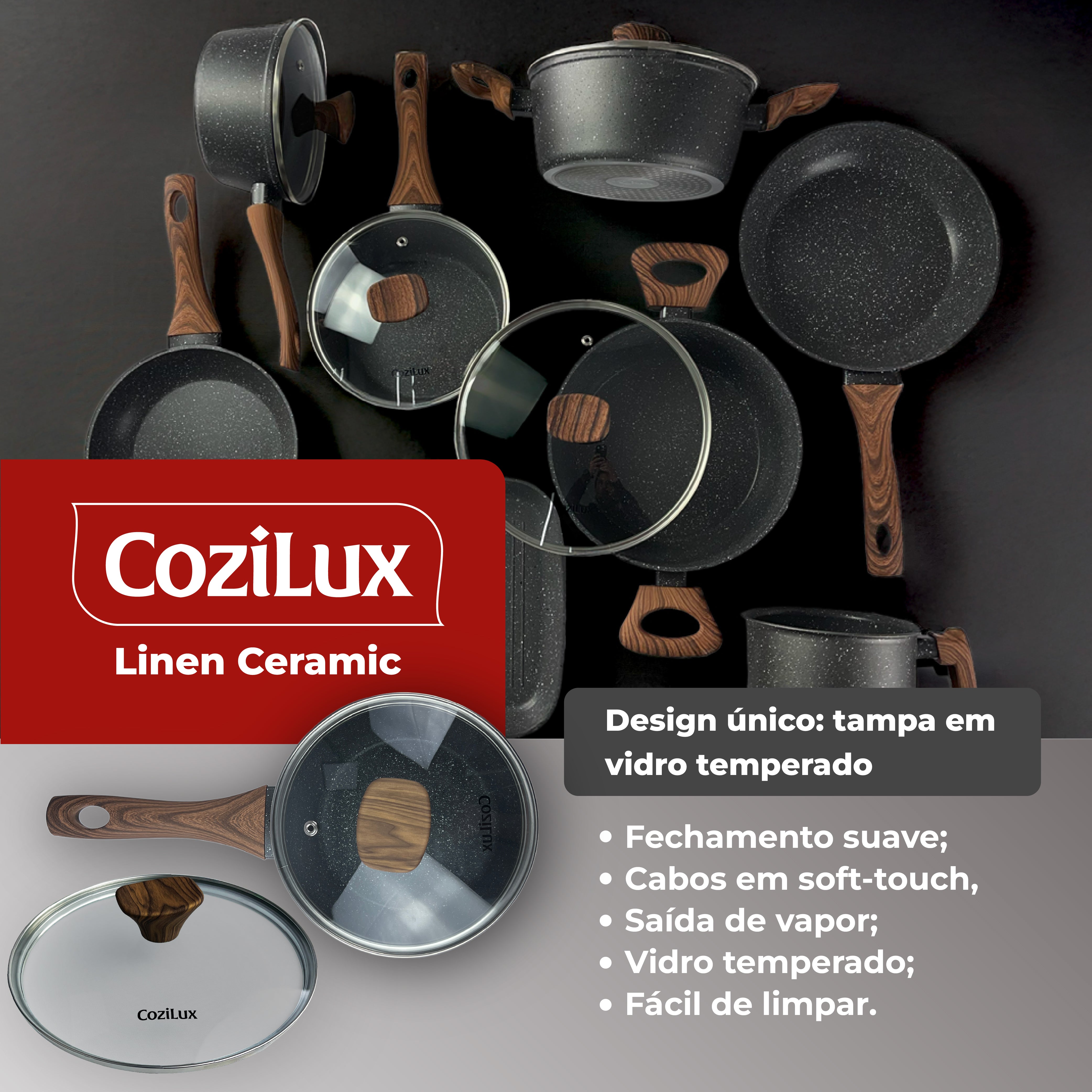 Jogo de Panelas Revestimento Cerâmico Antiaderente 8 Peças Indução Cozilux Linen Ceramic