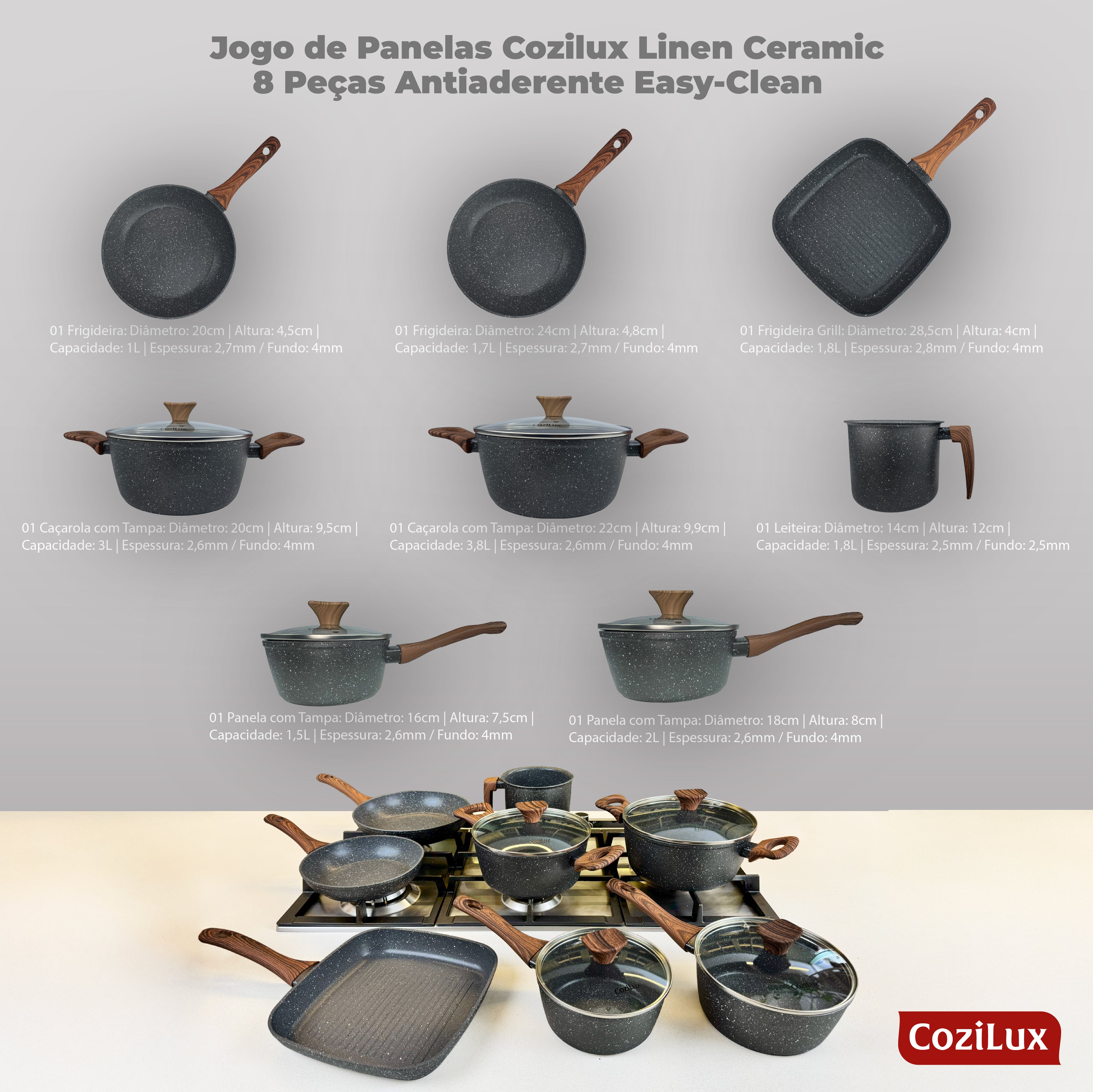 Jogo de Panelas Revestimento Cerâmico Antiaderente 8 Peças Indução Cozilux Linen Ceramic