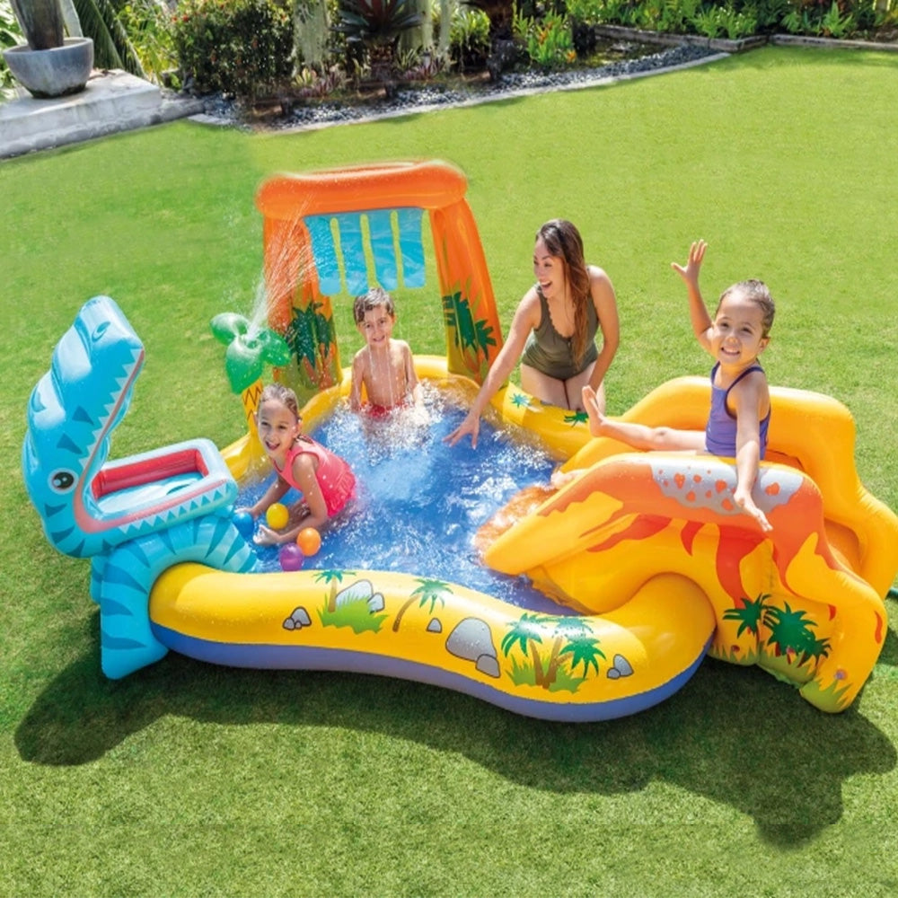 Piscina Infantil Inflável Playground Dinossauro 310 Litros Intex Com Bomba de Ar Manual